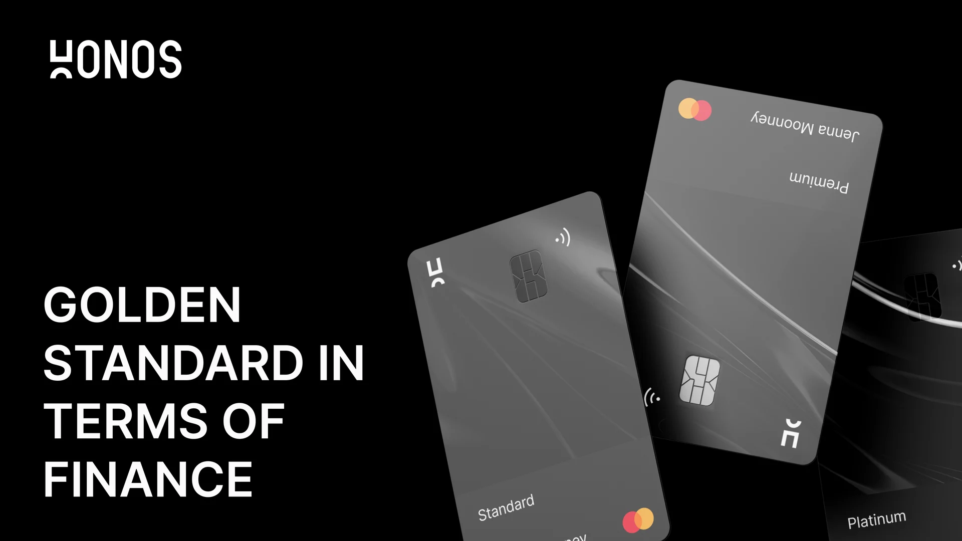 Identité visuelle de Honos déclinée sur trois cartes bancaires